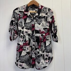 Style & Co Petite Women 90s Collage Roll Tab Nylon Top Size PS Graphic Print